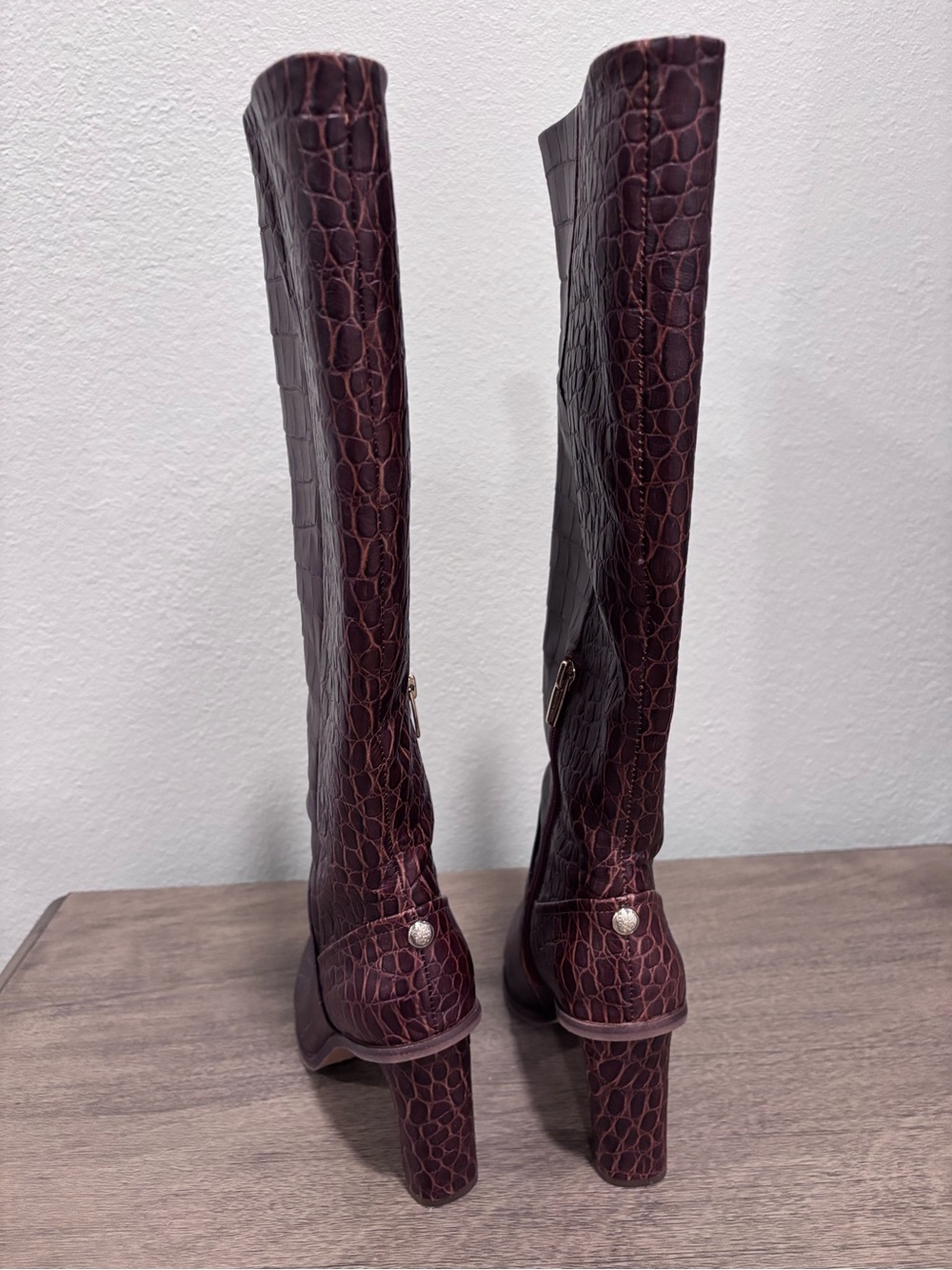 Vince Camuto Phranzie Leather Burgundy Croc-Embossed Knee High Boots - Picture 5 of 12